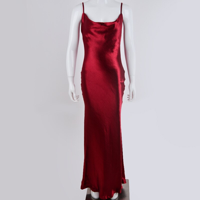 Elegant Satin Backless Long Dress For Women Gown Summer Spaghetti Strap Sleeveless Night Club Party Long Dress Vestido