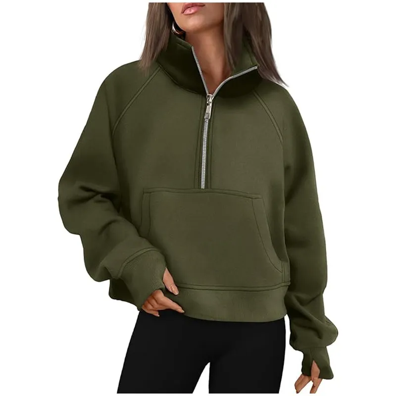 Casual Half Zipper Plush Hoodies Women Loose Solid Lapel Pockets Sweat Shirt Female Autumn Chic Warm Sports Yoga Outwear