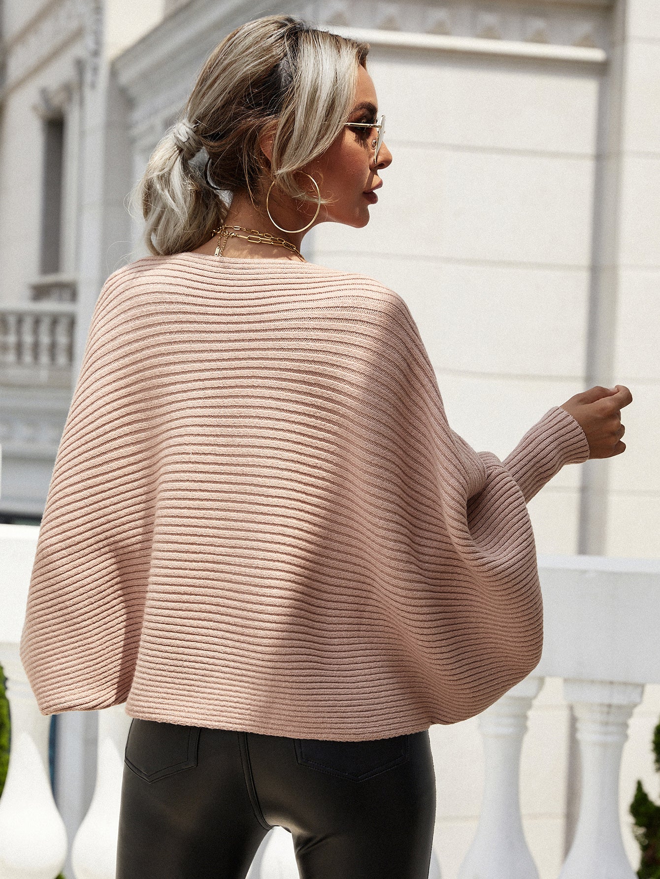 Maxct &Woven Right Horizontal Ribbing Dolman Sleeve Sweater