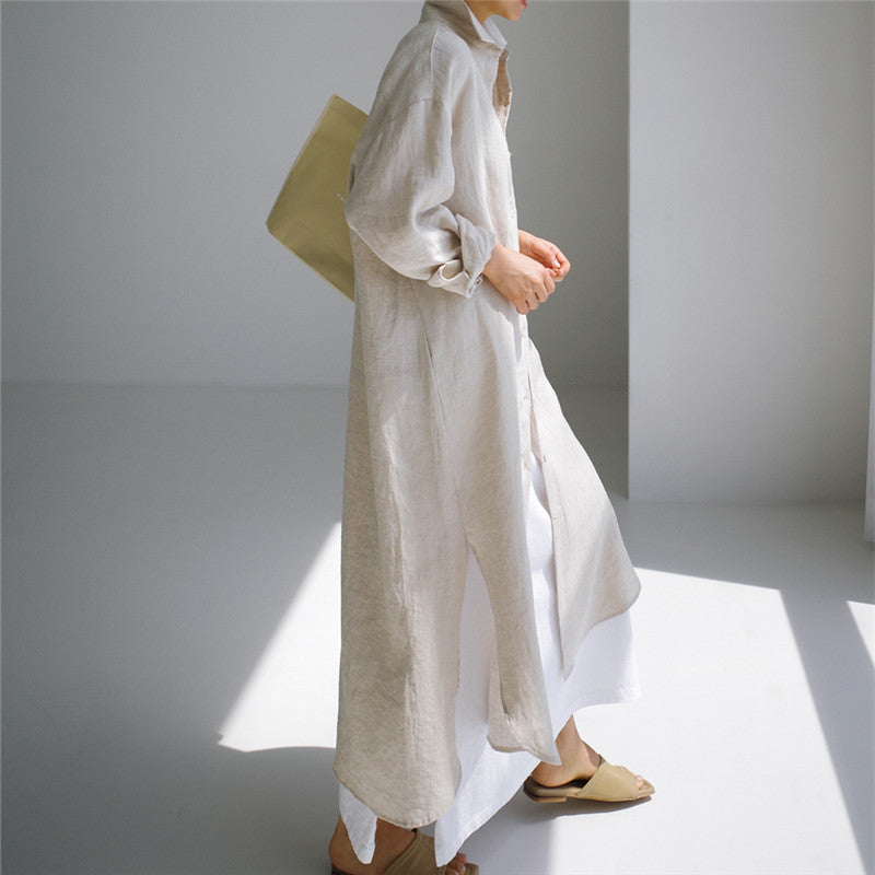 Women Spring Loose Mid-Length Slit Cotton Linen Shirt Dress
