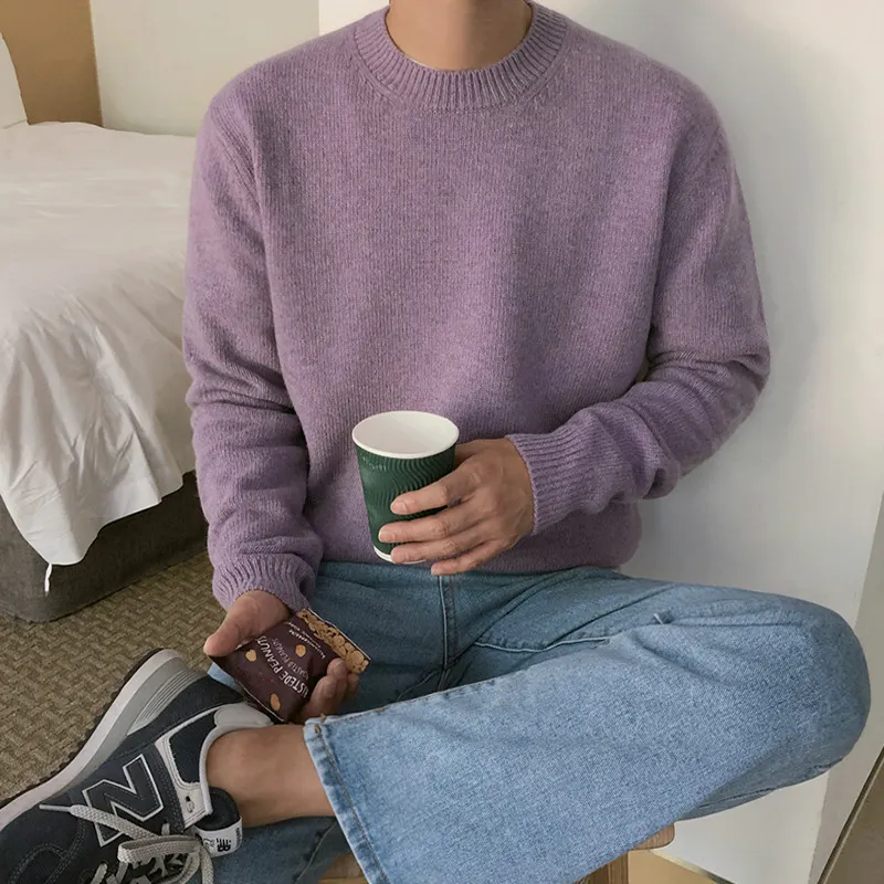 Maxct streetwear men outfits Sweater Men's Korean-Style Loose round Neck Solid Color Sweater Autumn and Winter Thickened Trendy Boys Bottoming Shirt outside