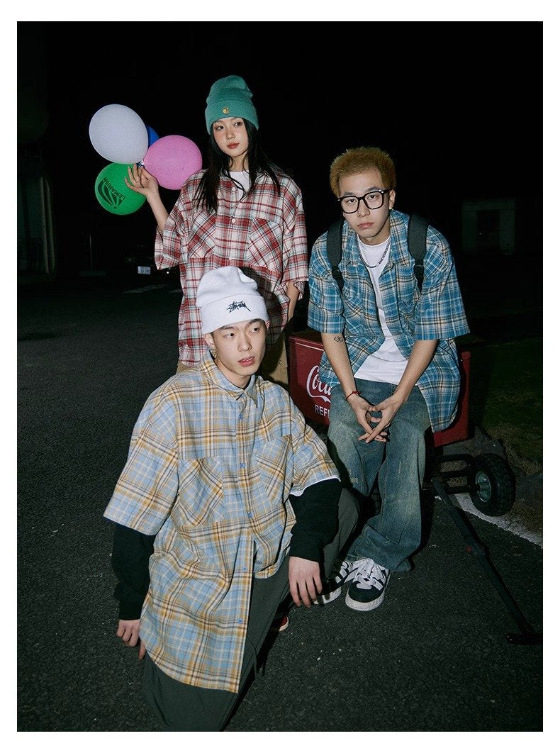 Maxct 90s Streetwear Japanese Niche Plaid Short-sleeved Shirt Men's Summer New Loose Trendy Brand All-match Shirt Couple's Coat Top