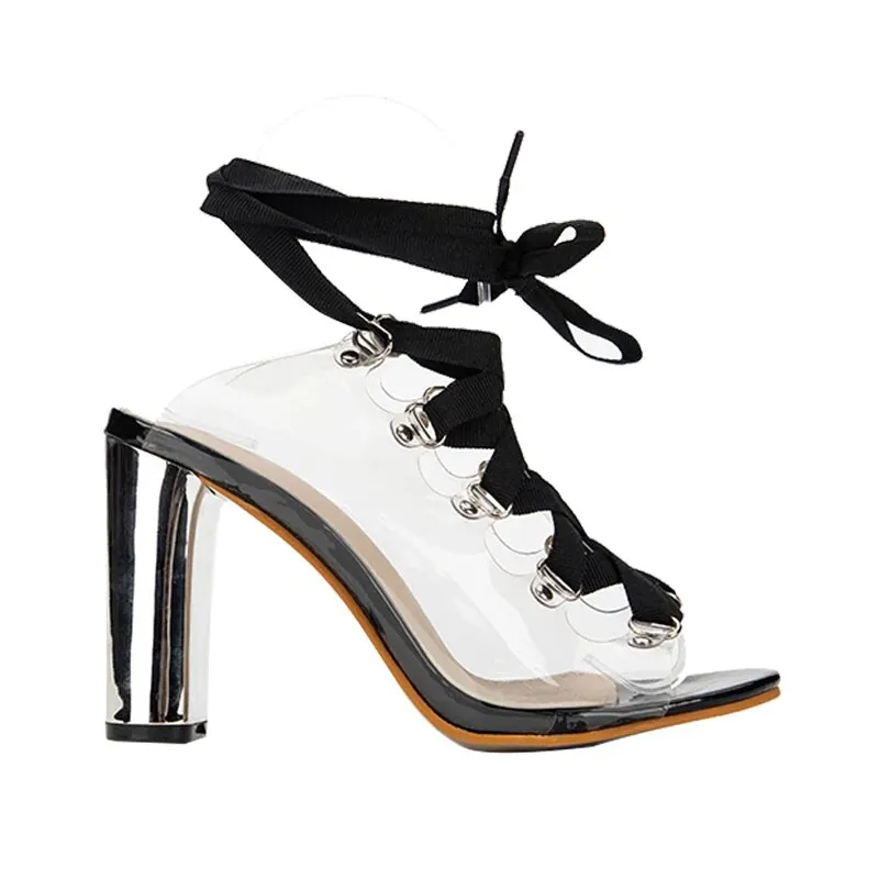 Square-Heeled PVC Transparent Cross-Tied Sandals Maxct