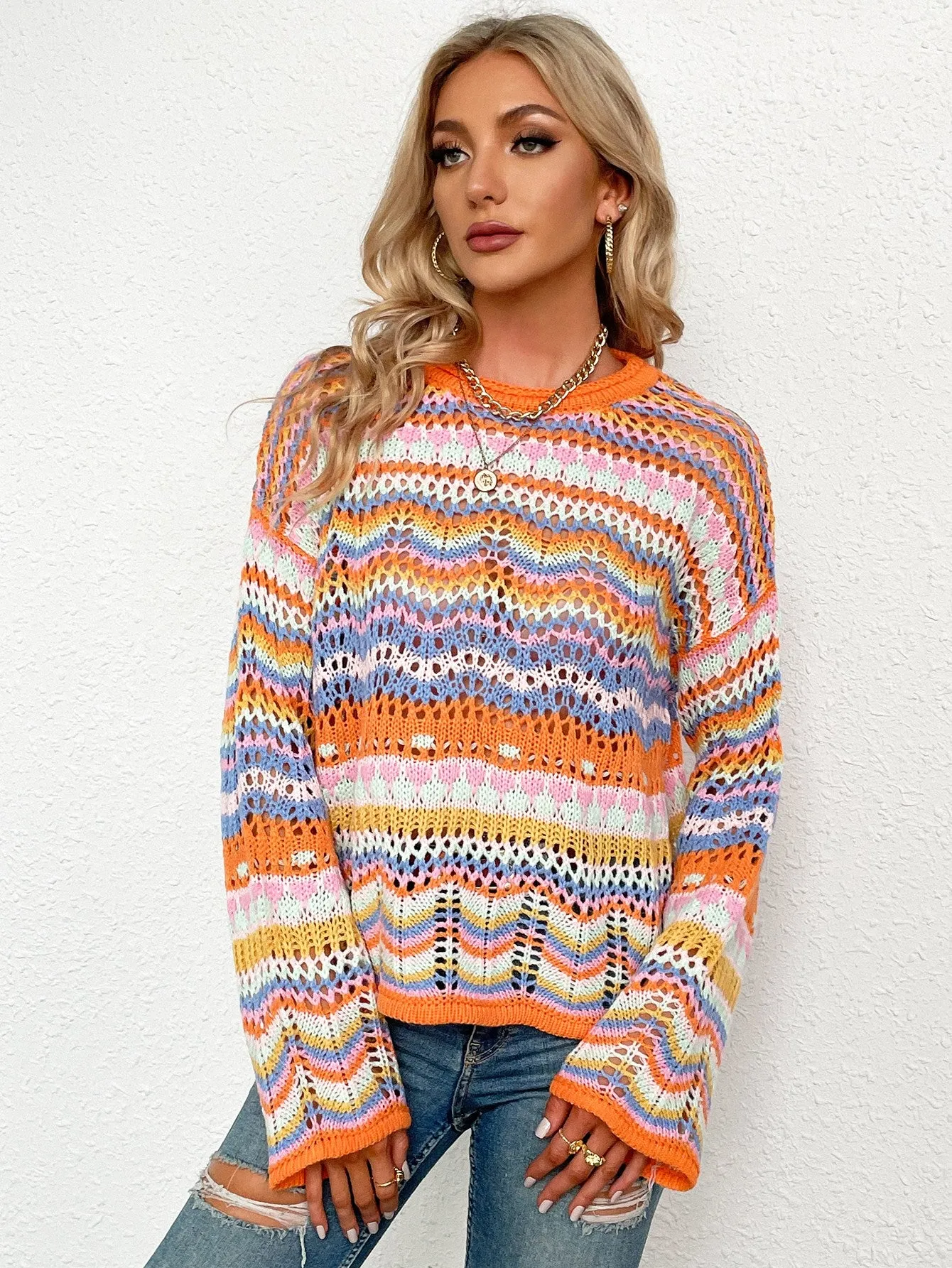 Maxct &Rainbow Stripe Openwork Flare Sleeve Knit Top