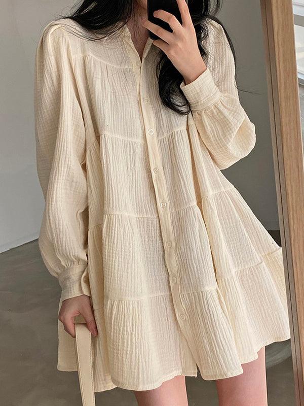 Maxct Lapel Pleated Loose Puff Sleeve Short Shirt Dress