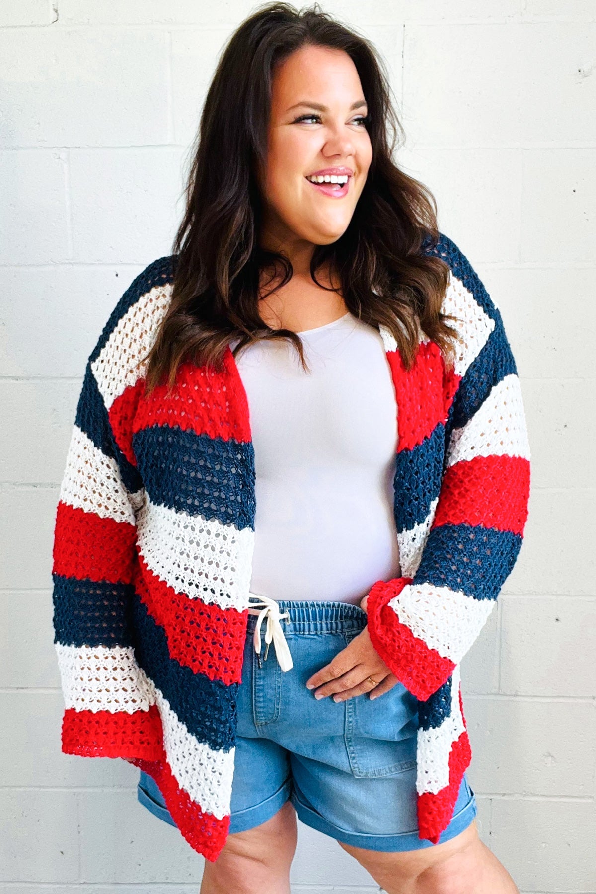 Maxct &Simply Patriotic Red White & Blue Striped Crochet Cardigan