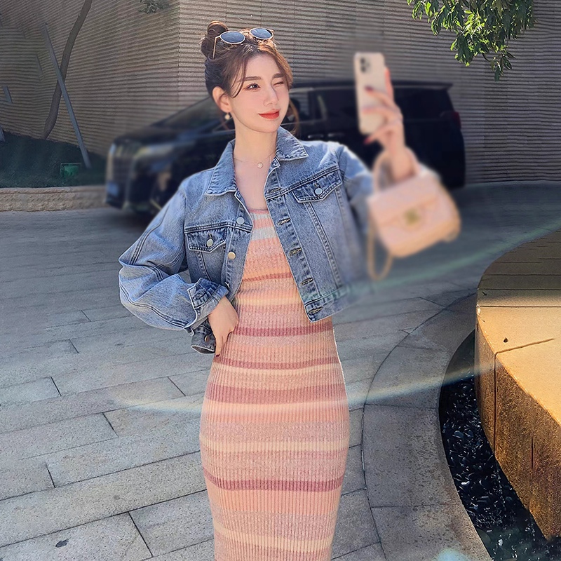 Maxct Sweet Women Rainbow Stripe Dress Knitted Slim Fit Short Wrapped Hip Dress