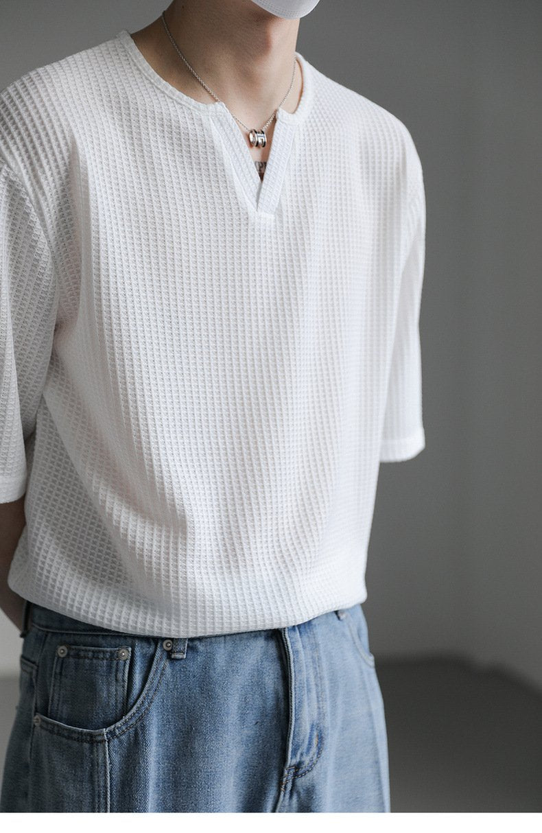 Maxct 90s Streetwear Summer New Korean Style Loose Small V-neck Short-sleeved T-shirt Men's Fashion Brand Wafflet High-end Sense Half-sleeved T-shirt Top
