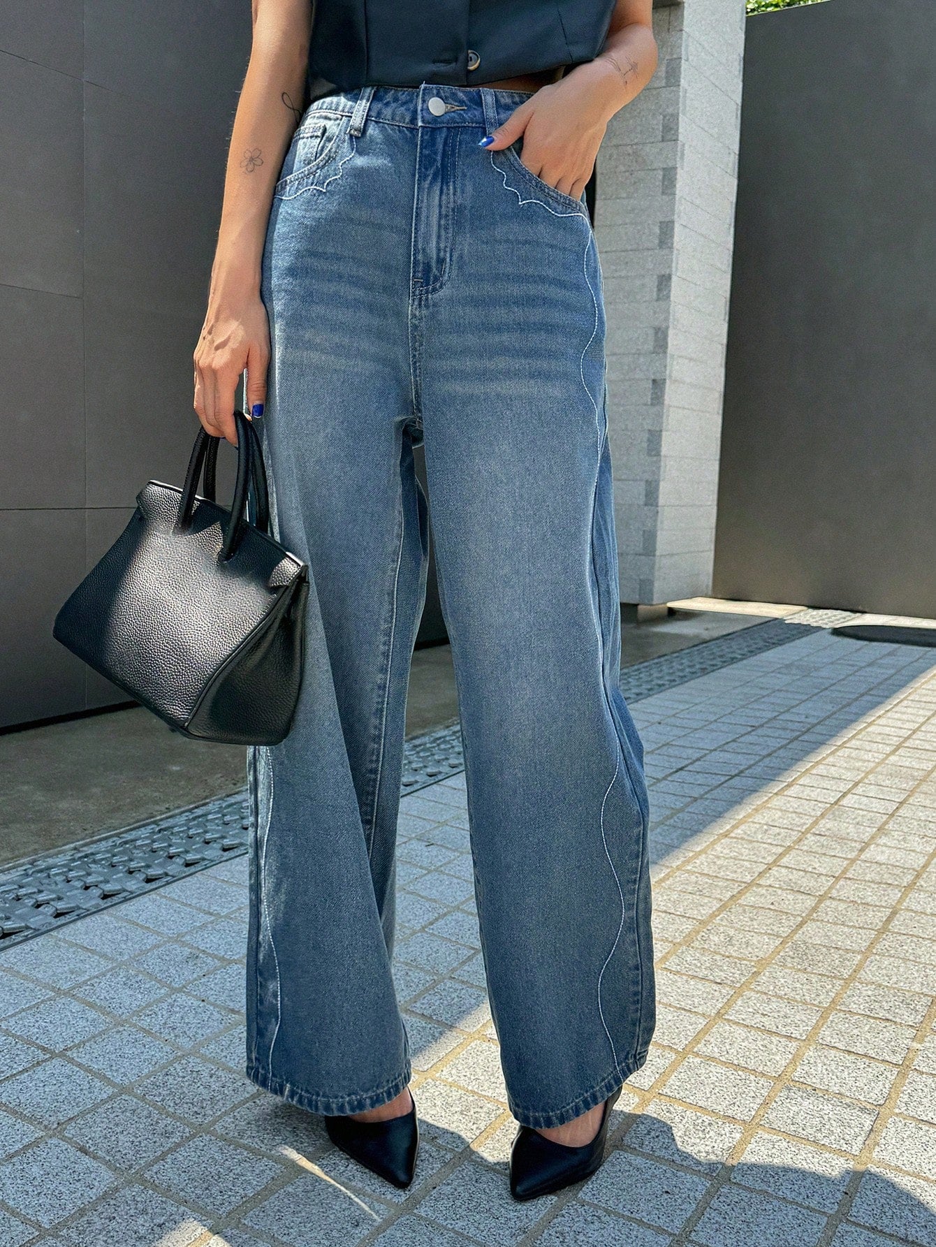 Maxct Women's Relaxed Fit Casual Wide-Leg Denim Pants With Pockets