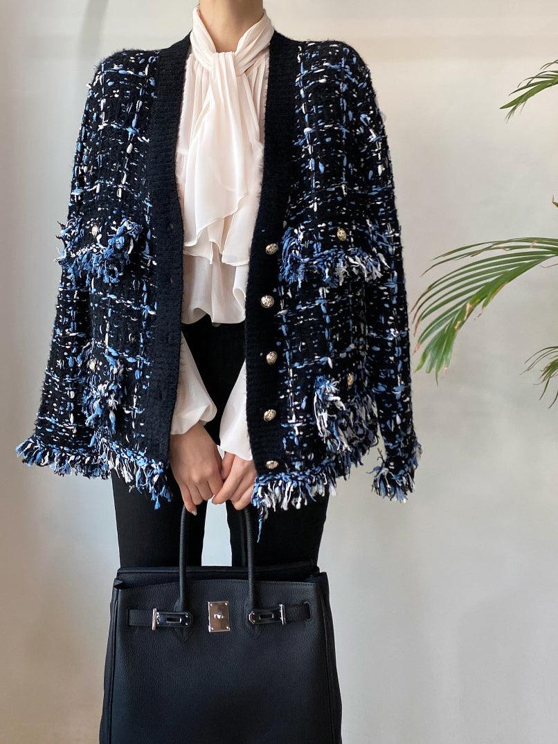 Maxct Vintage V-Neck Fringed Frayed Mélange Knit Cardigan