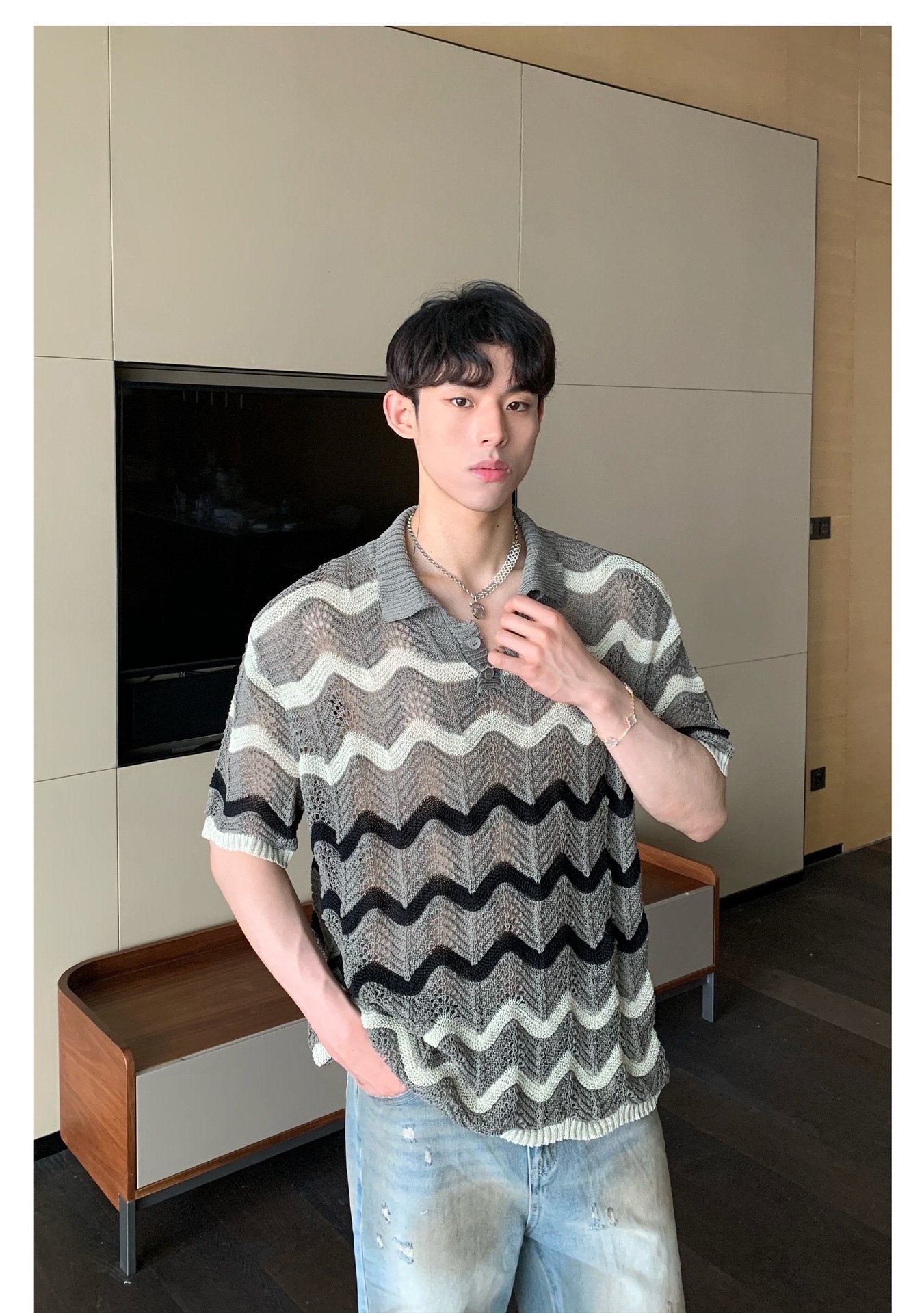 Maxct 90s Streetwear Korean Style Summer High-end Sense Hollow Color Stripe Lap Short-sleeved Niche Design POLO Shirt T-shirt Casual Top