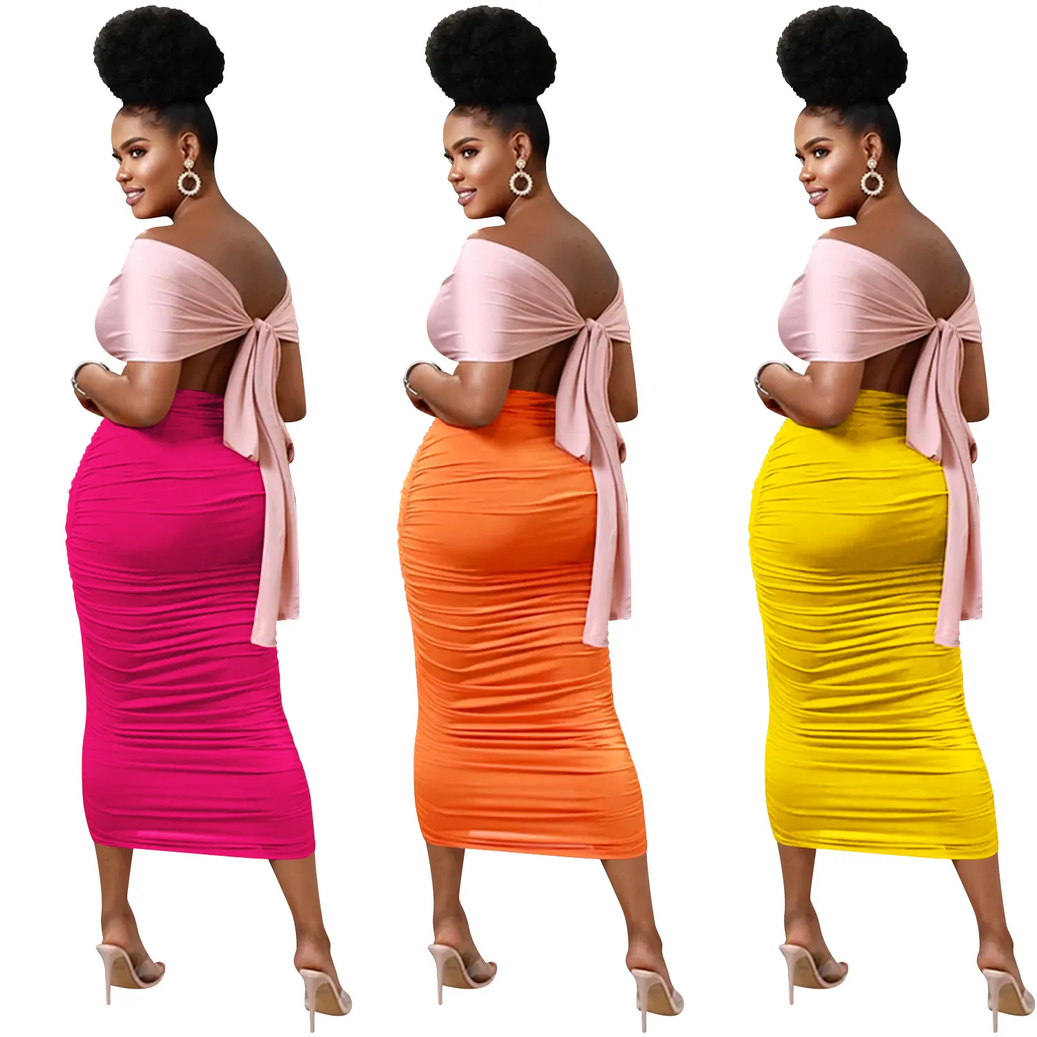 Maxct Maxct Fashion Women's Casual Tight Back Hollow Out Pleated Dress Women's Wear