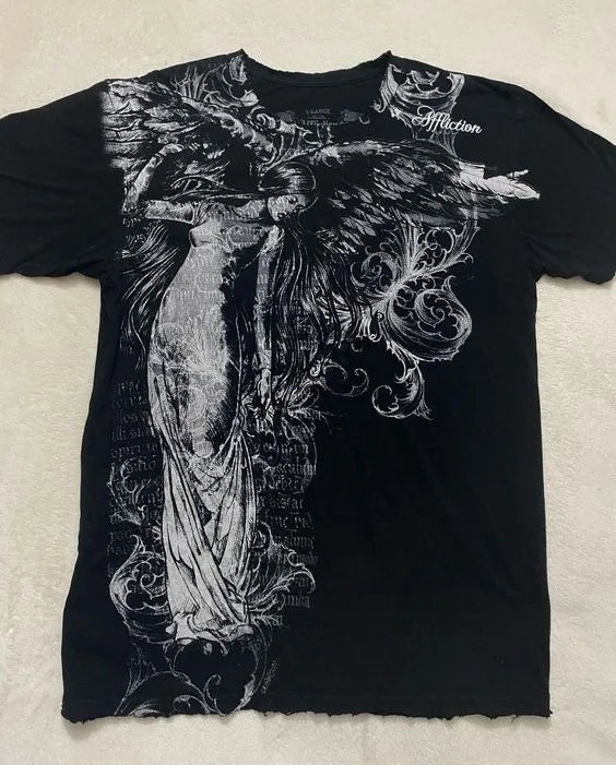 Maxct Summer Y2K Aesthetic Gothic Fashion Cartoon Printed Short Sleeved Graphic T Shirts Retro Hot Casual Loose T-shirt Couple Top 1017