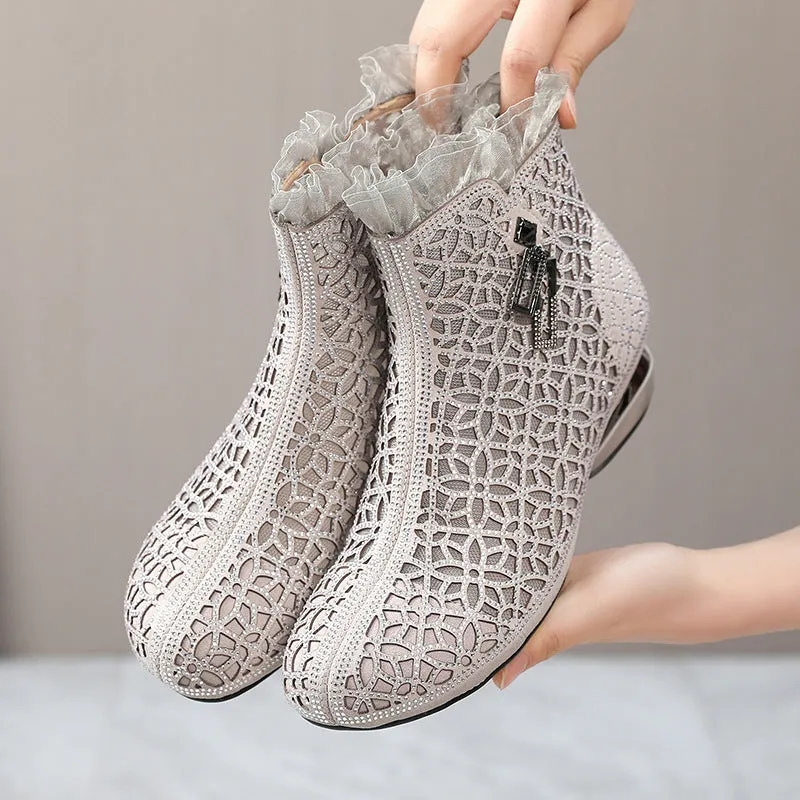 Fashion Rhinestones Hollow Out Thick Heel Short Boots for Women