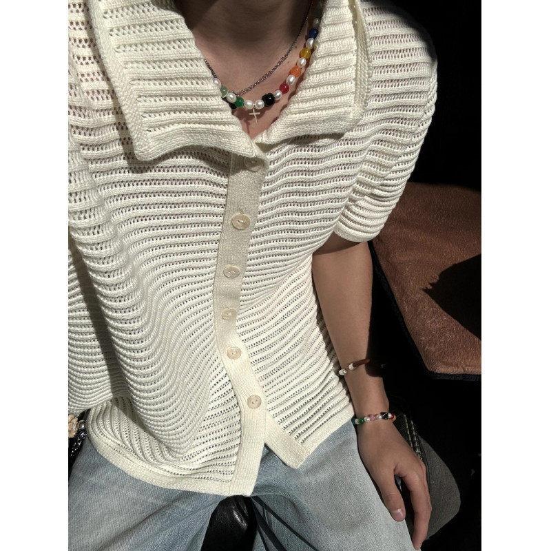 Maxct 90s Streetwear Niche Retro Hollow Shirt Boys Summer New Knitted Shirt Short-sleeved Old Money Style Wear Lapel Half-sleeved Top