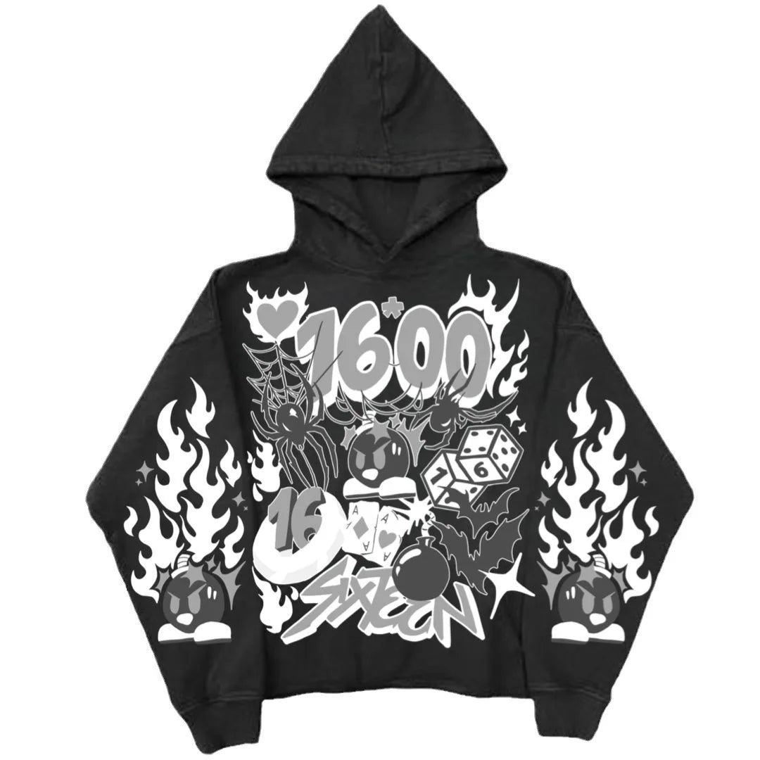 Maxct Y2k Pullover Long Sleeved Sweatshirt Vintage Printed Pattern Streetwear Tops Vintage Clothes Dark Punk School Outfit Ootd Jacket