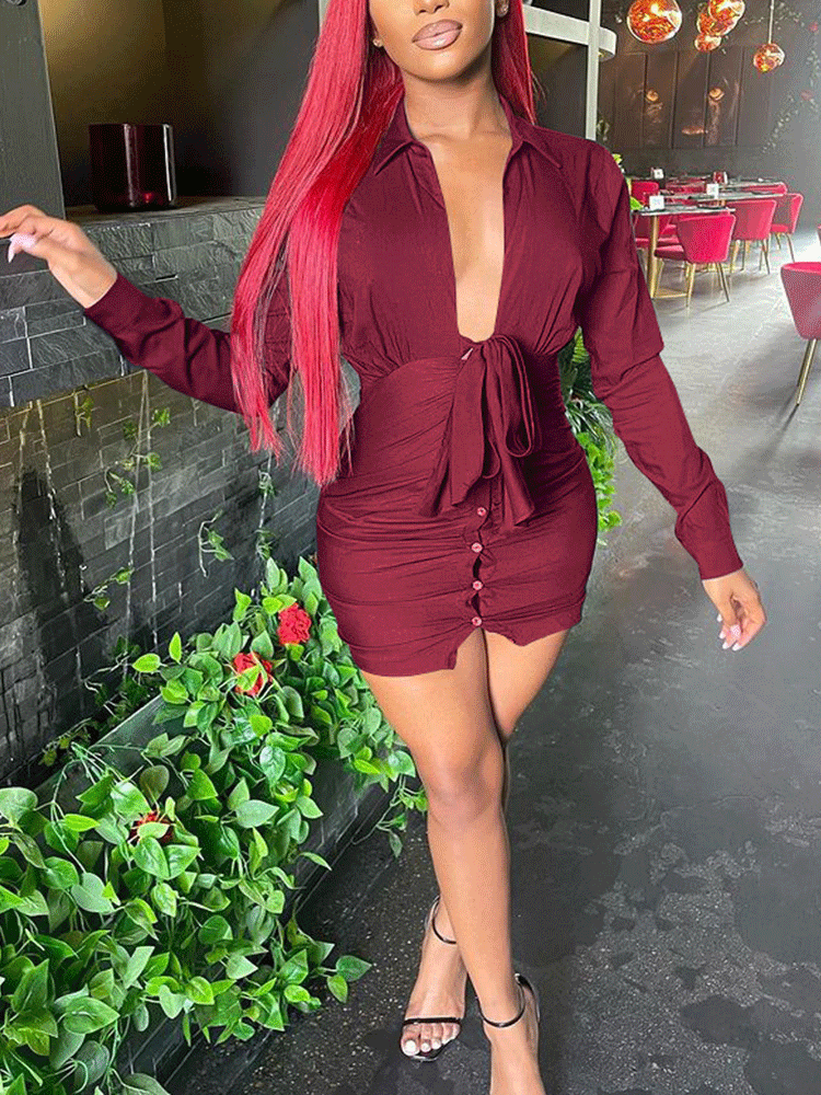 Deep V-neck Front Tie Mini Dress Maxct