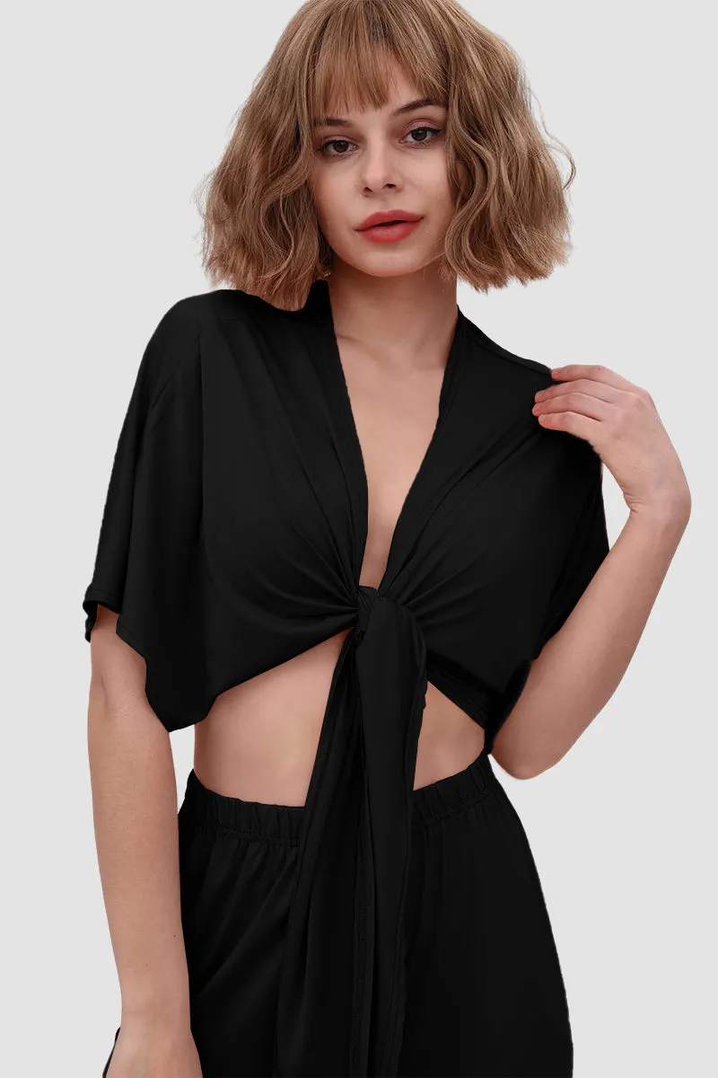 Maxct Deep V-neck Top & Elastic Wide Leg Pants
