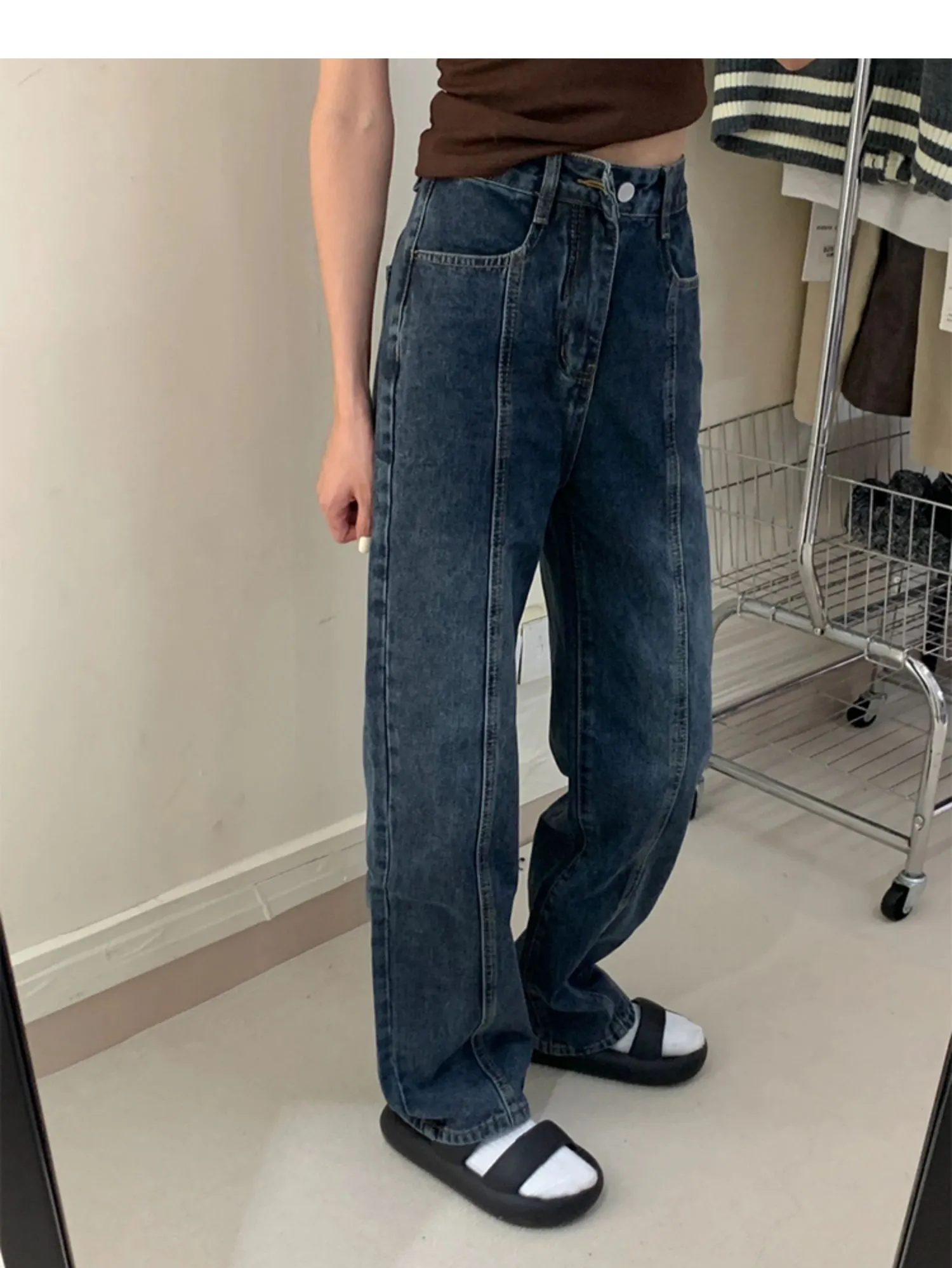 Maxct Women's Retro Washed Blue Denim Pants With Artistic Patchwork Design