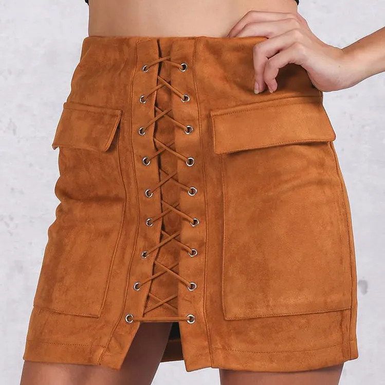 Lace Up Faux Suede Skirt Maxct