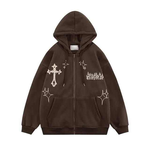 Maxct Retro Trend Y2k Zipper Hoodie Harajuku Hip Hop Oversized Hooded Sweatshirt Men Women Street Punk Rock Jacket Coat Top Streetwear
