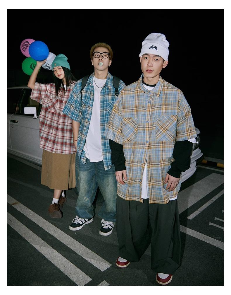 Maxct 90s Streetwear Japanese Niche Plaid Short-sleeved Shirt Men's Summer New Loose Trendy Brand All-match Shirt Couple's Coat Top