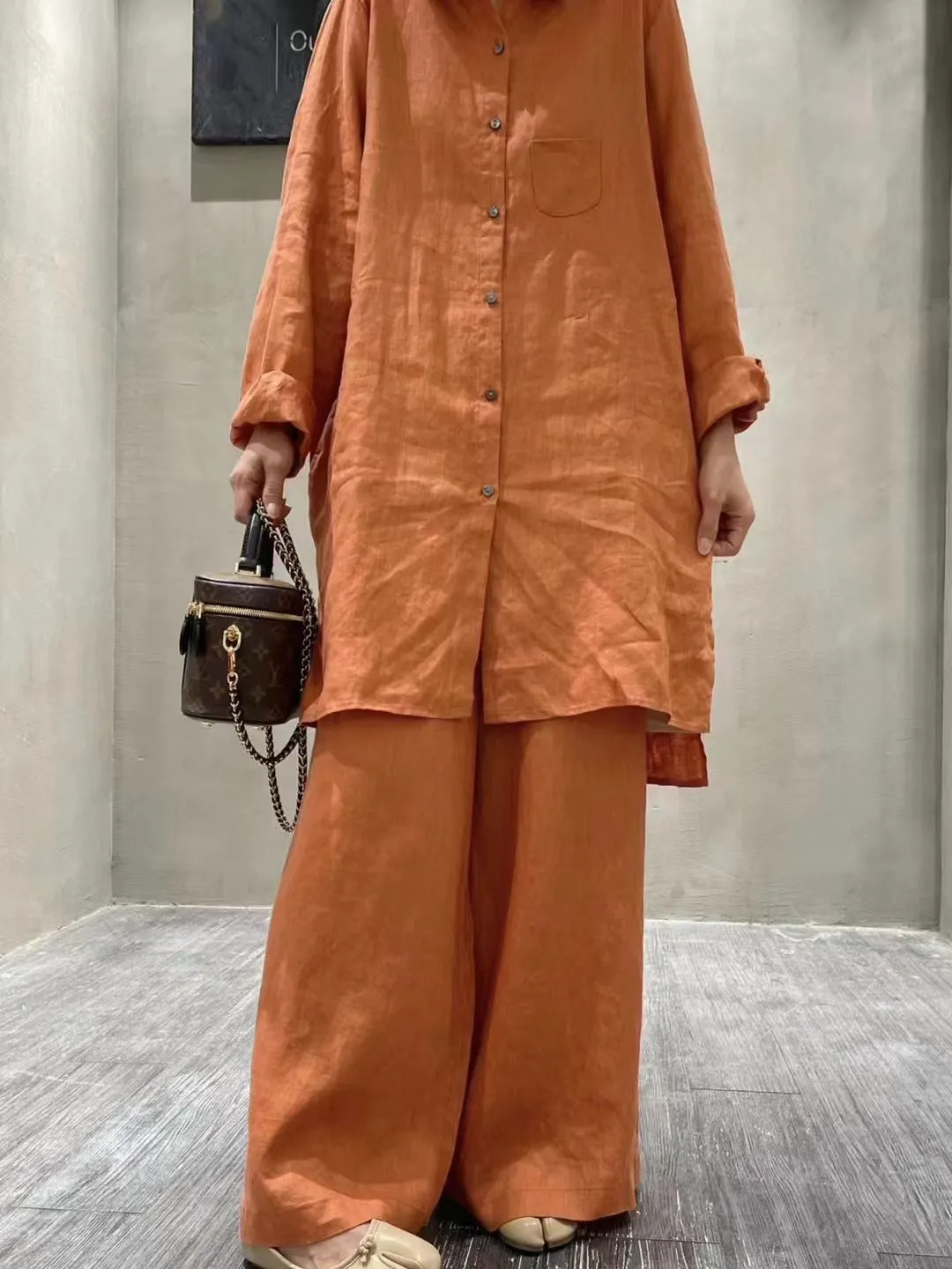 Maxct Retro Cotton Shirt&Wide-Leg Pants 2 Sets Suit