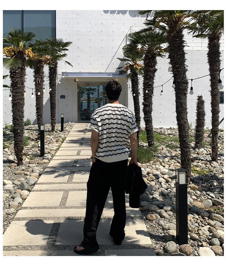 Maxct 90s Streetwear Men's T-shirt Short-sleeved Summer Trendy Brand High-grade Sense Heavy Industry Hollow Knitted Sweater Jacquard Wave Striped T-shirt Top