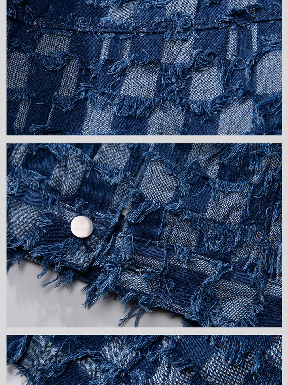 &Men's Retro Blue Plaid Tassel Denim Jacket