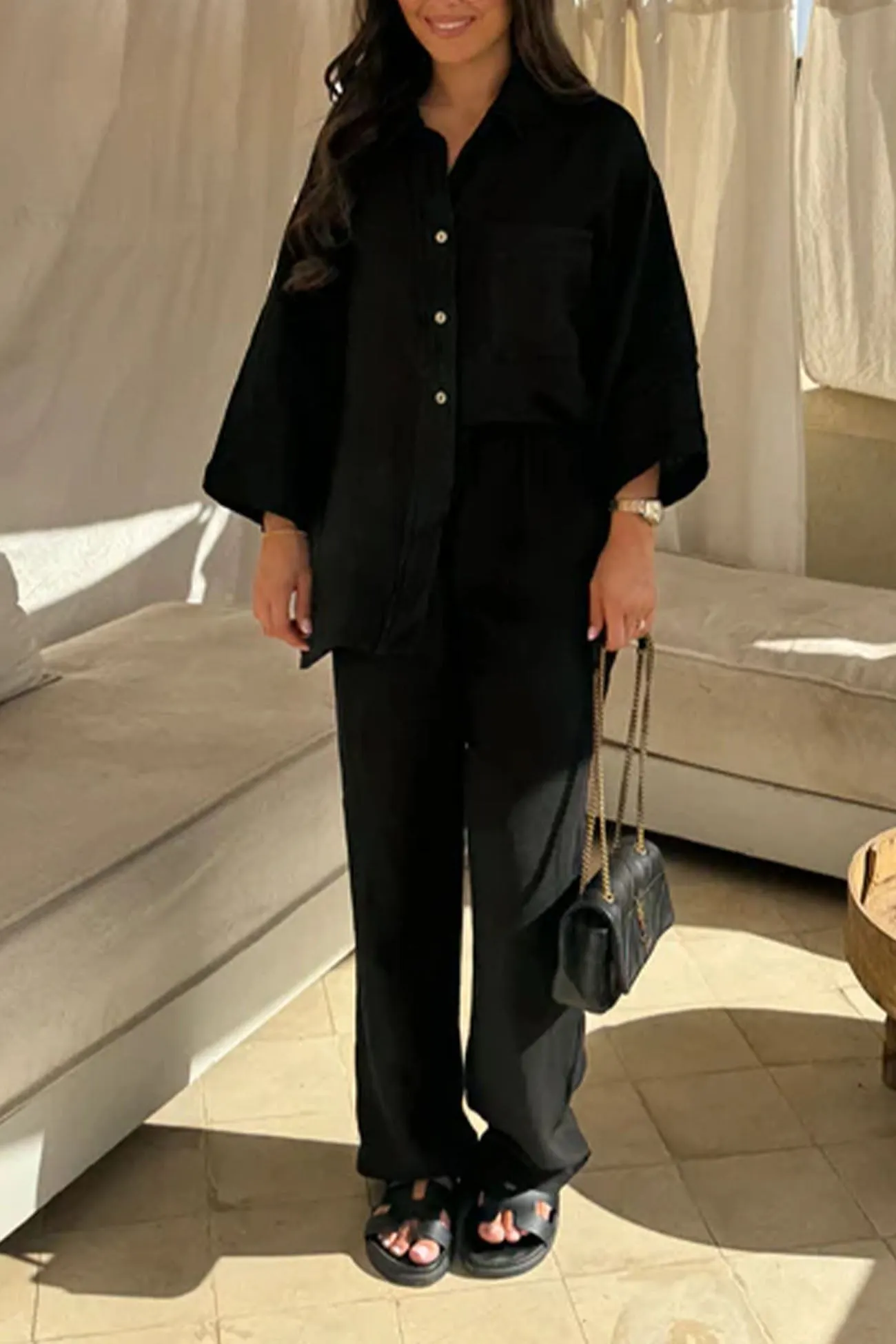 Maxct Lapel Button Shirt Long Pant Set
