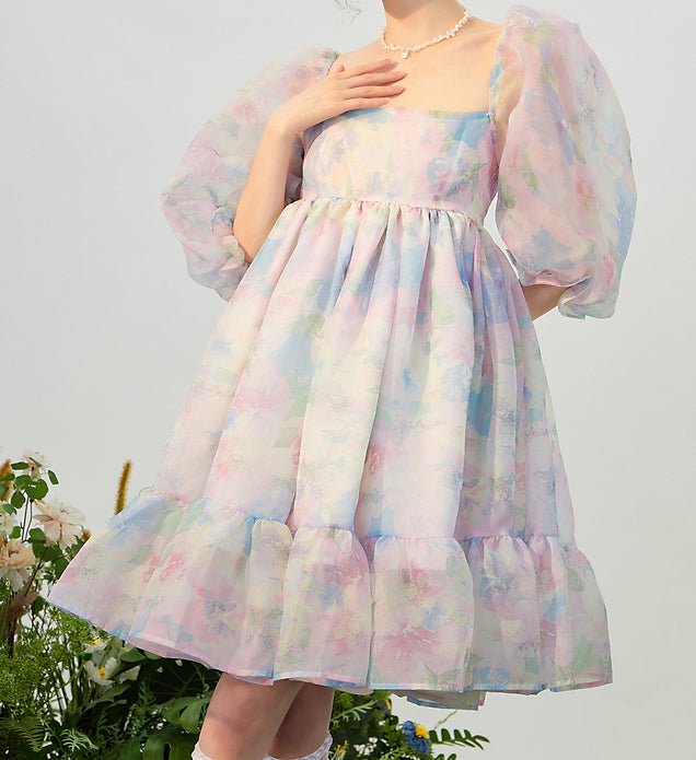 Watercolor Floral Puff Dress Maxct