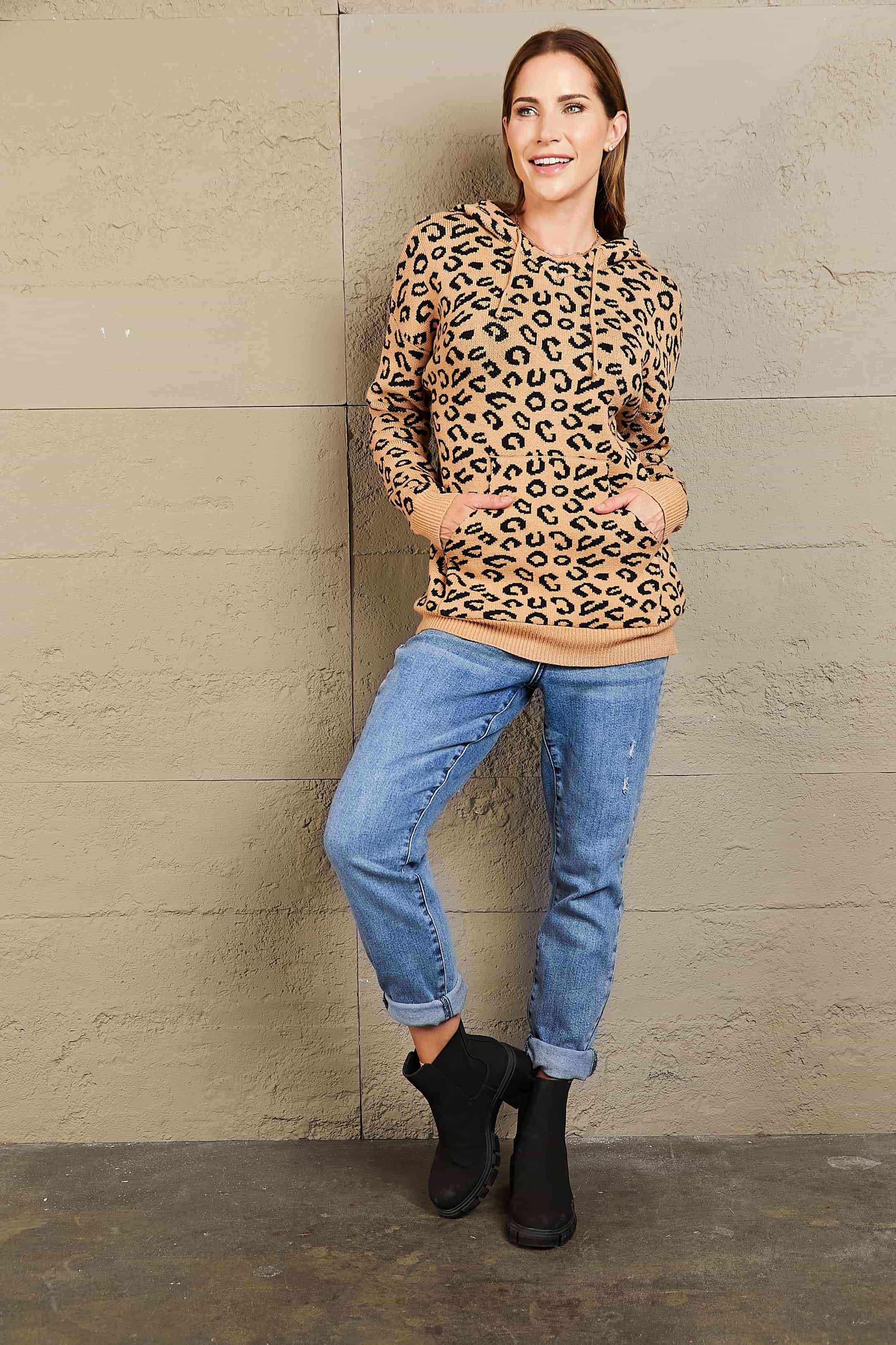 Maxct &Woven Right Leopard Print Drawstring Hooded Sweater