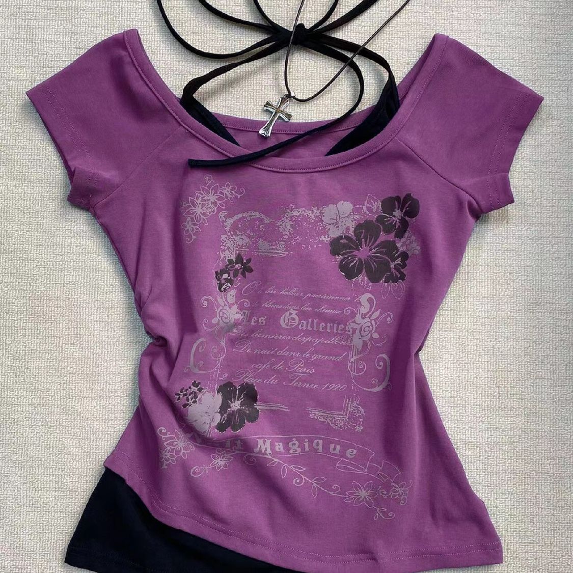 Maxct Retro Purple Halter Fake Two Piece Printed T-Shirt Women Y2K Streetwear Hot Girl Slim Fit Millennium Harajuku Fashion Casual Top
