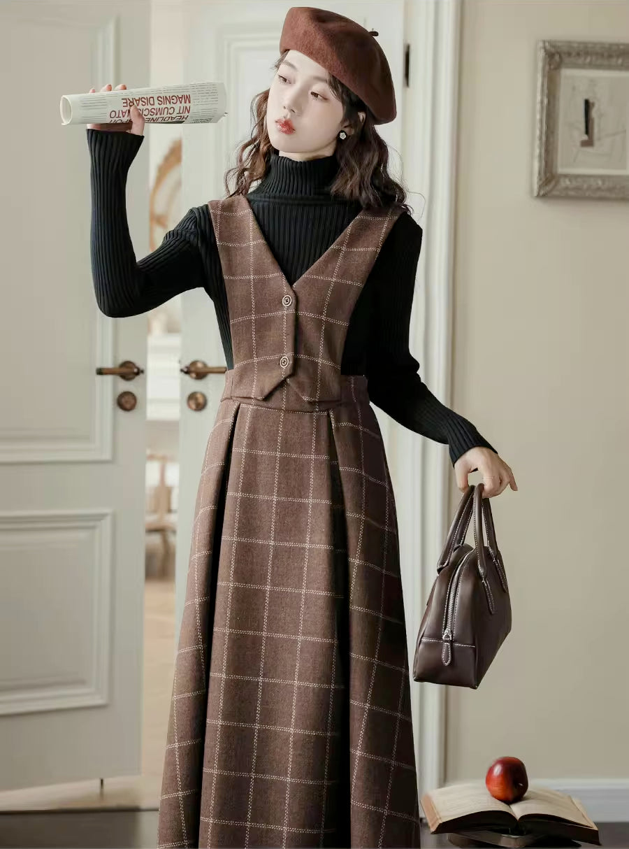 Plaid Vest Pinafore Dress Maxct