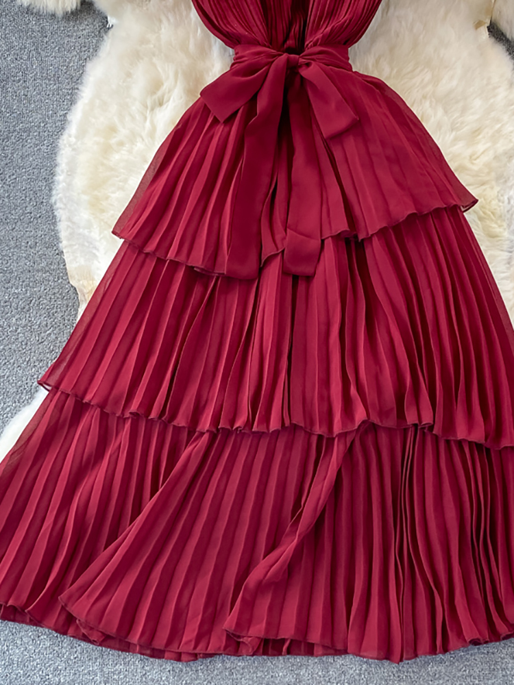 Maxct Women Purple/Pink/Green Draped Dress Vintage Ruffle Stand Collar Sleeveless High Waist Party Pleated Vestidos Female New
