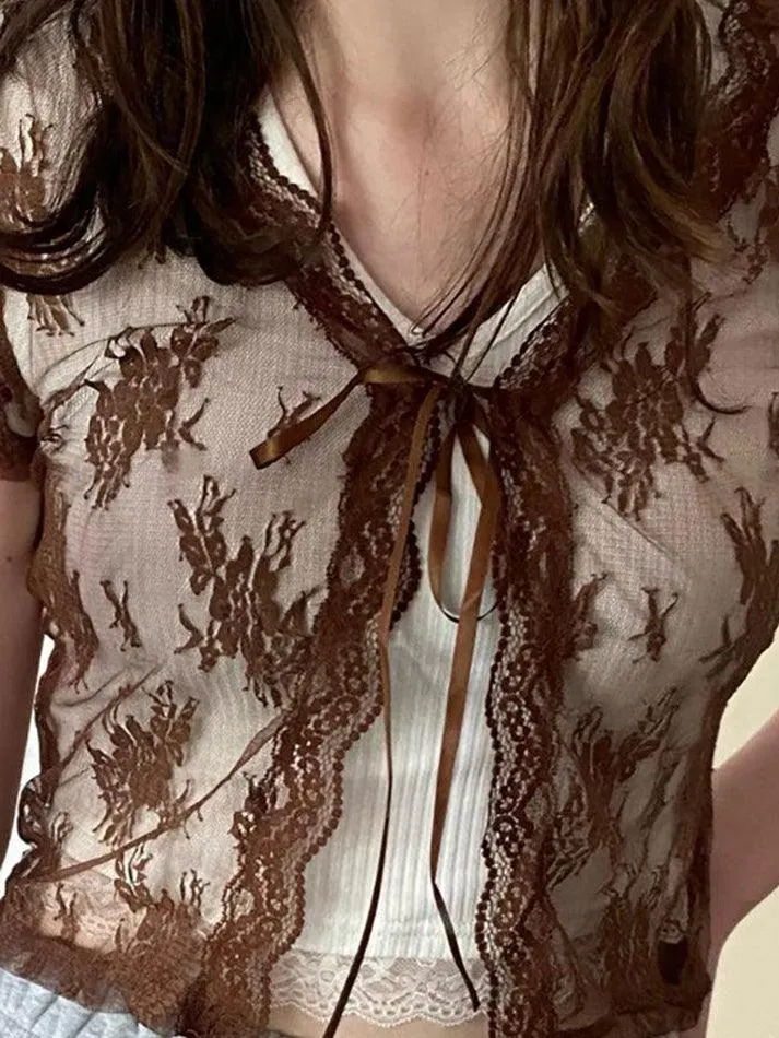 Maxct Open Front Lace Long Sleeve Crop Blouse