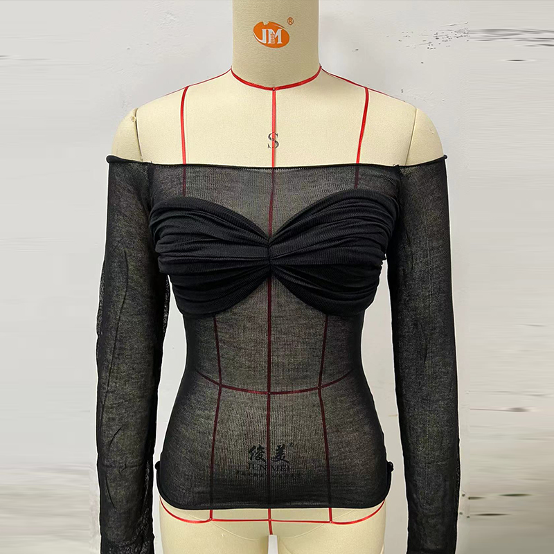 Maxct Sexy Transparent Off Shoulder Shirts Women Slim Fit Solid Perspective Thin T-Shirt Female Autumn Chic Elegant Daily Tops