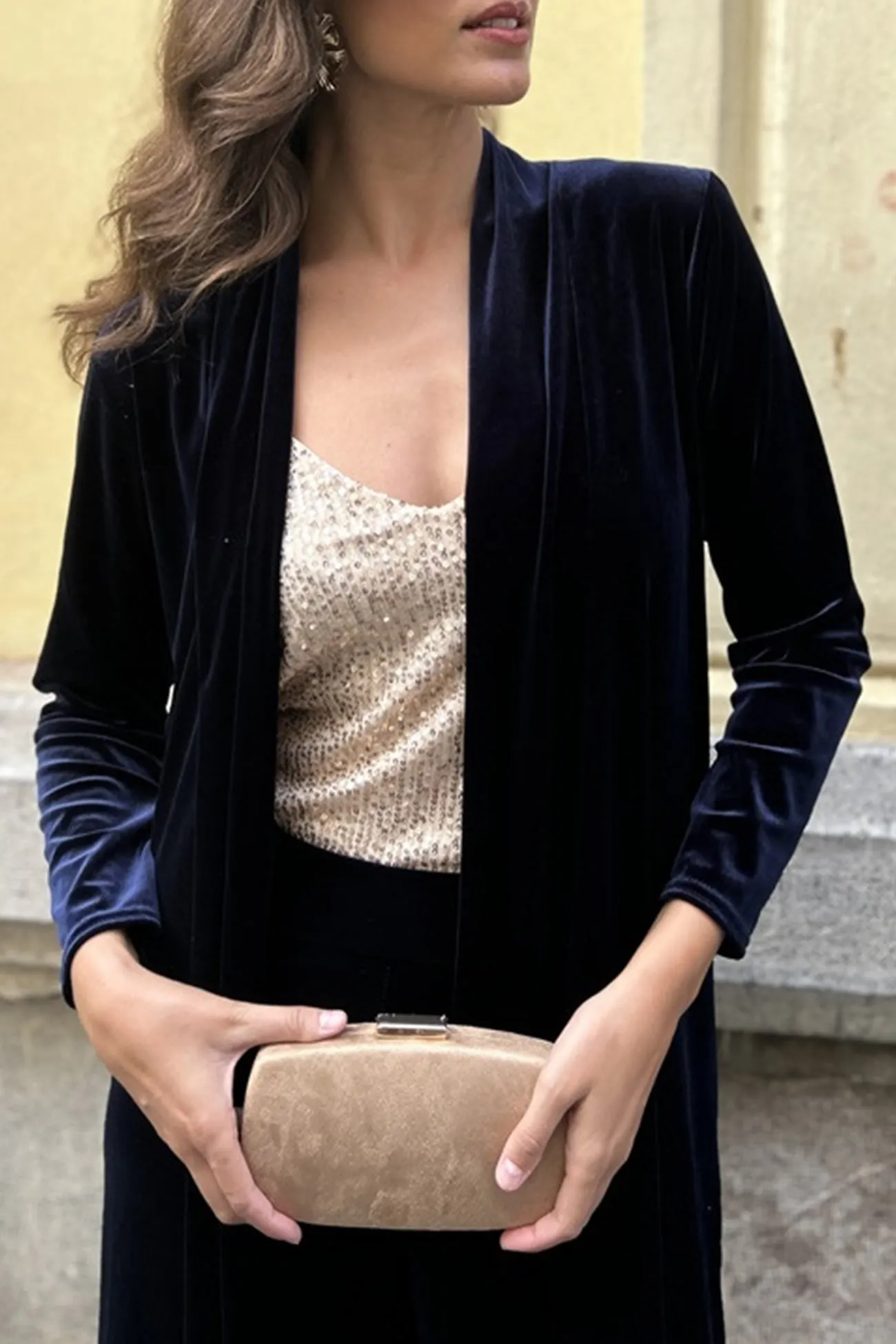 Maxct Velvet Slit Long Cardigan Two-piece Pants Suits