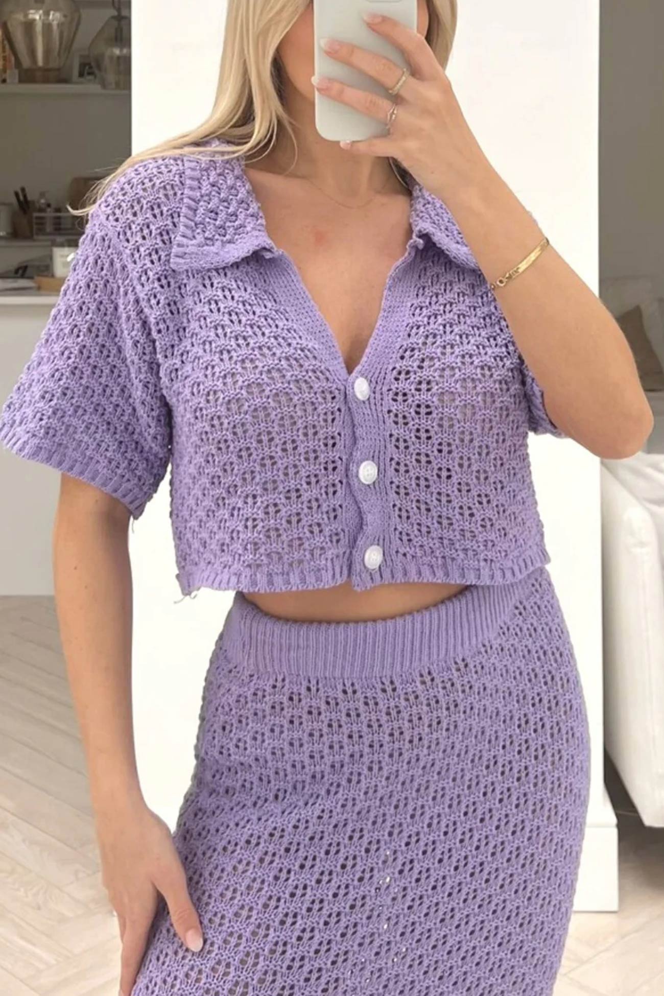 Maxct Hollow Out Crochet Blouses Midi Skirt Suits
