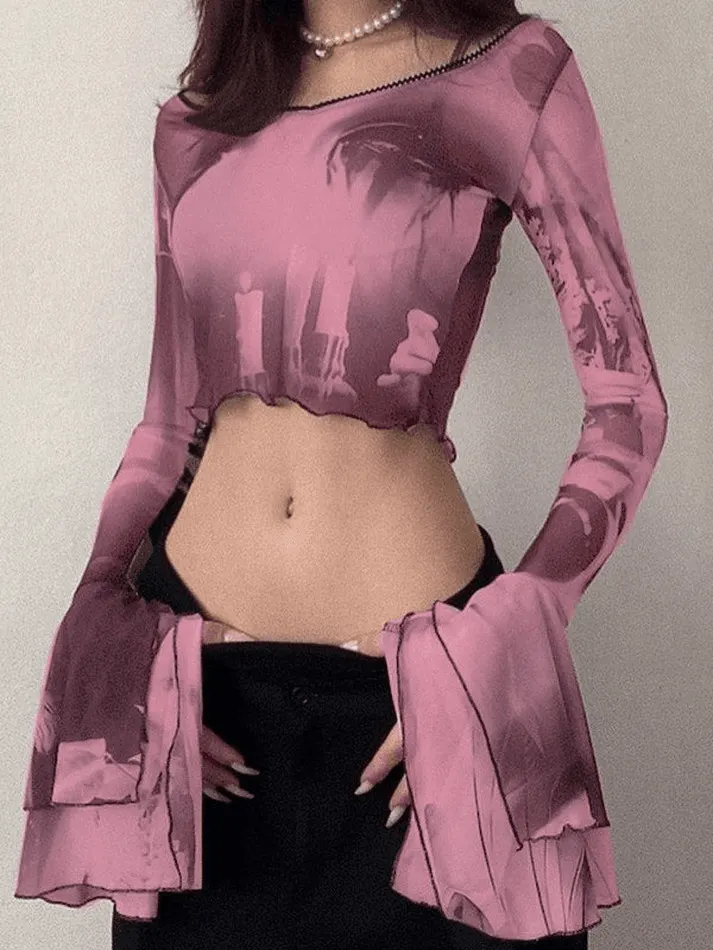 Maxct Cropped Flare Cuffs Mesh Blouse