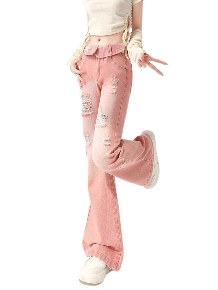 Ripped Jeans - Pink Star Denim for Women Maxct