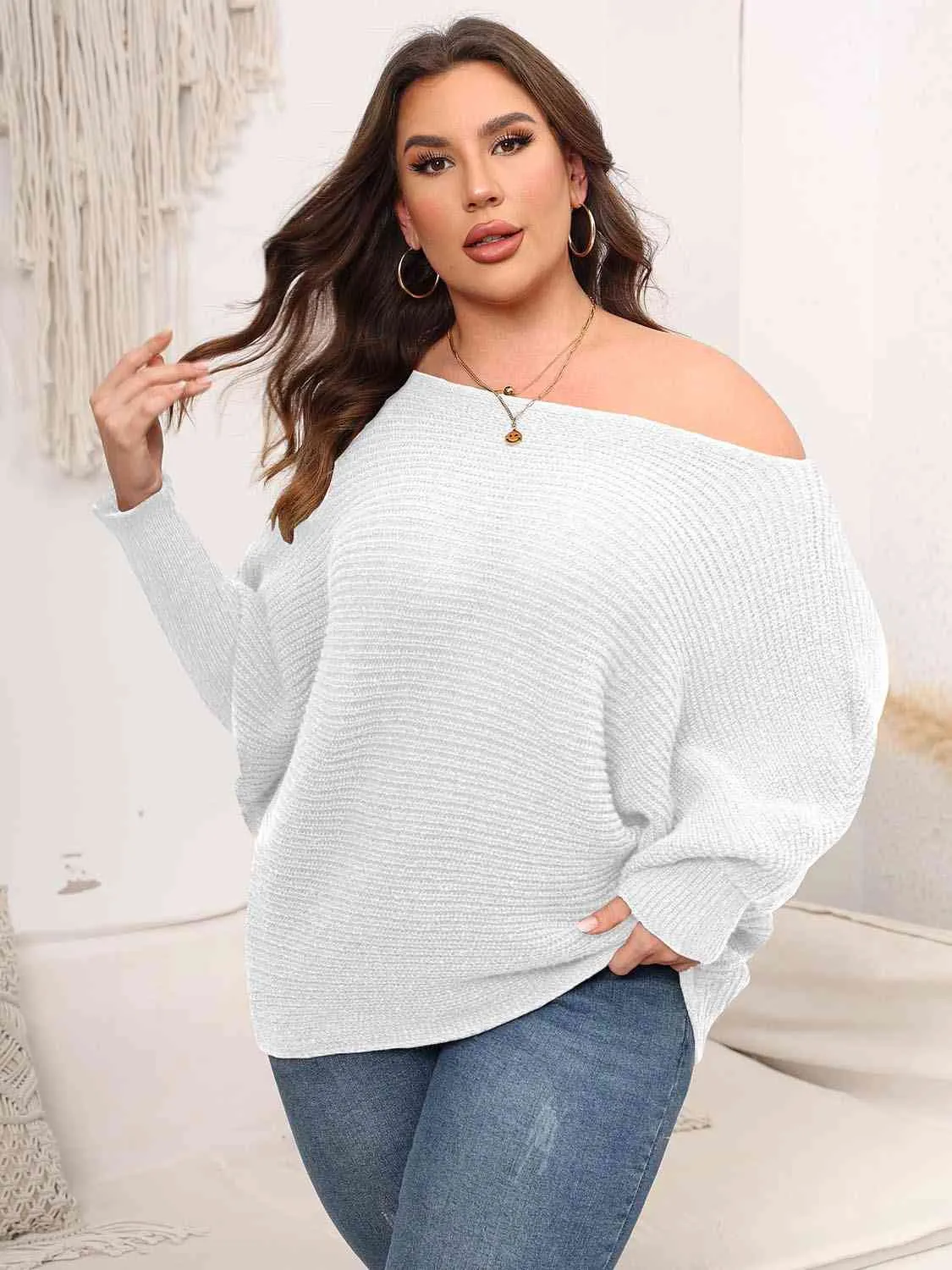 Maxct &Full Size Boat Neck Batwing Sleeve Sweater