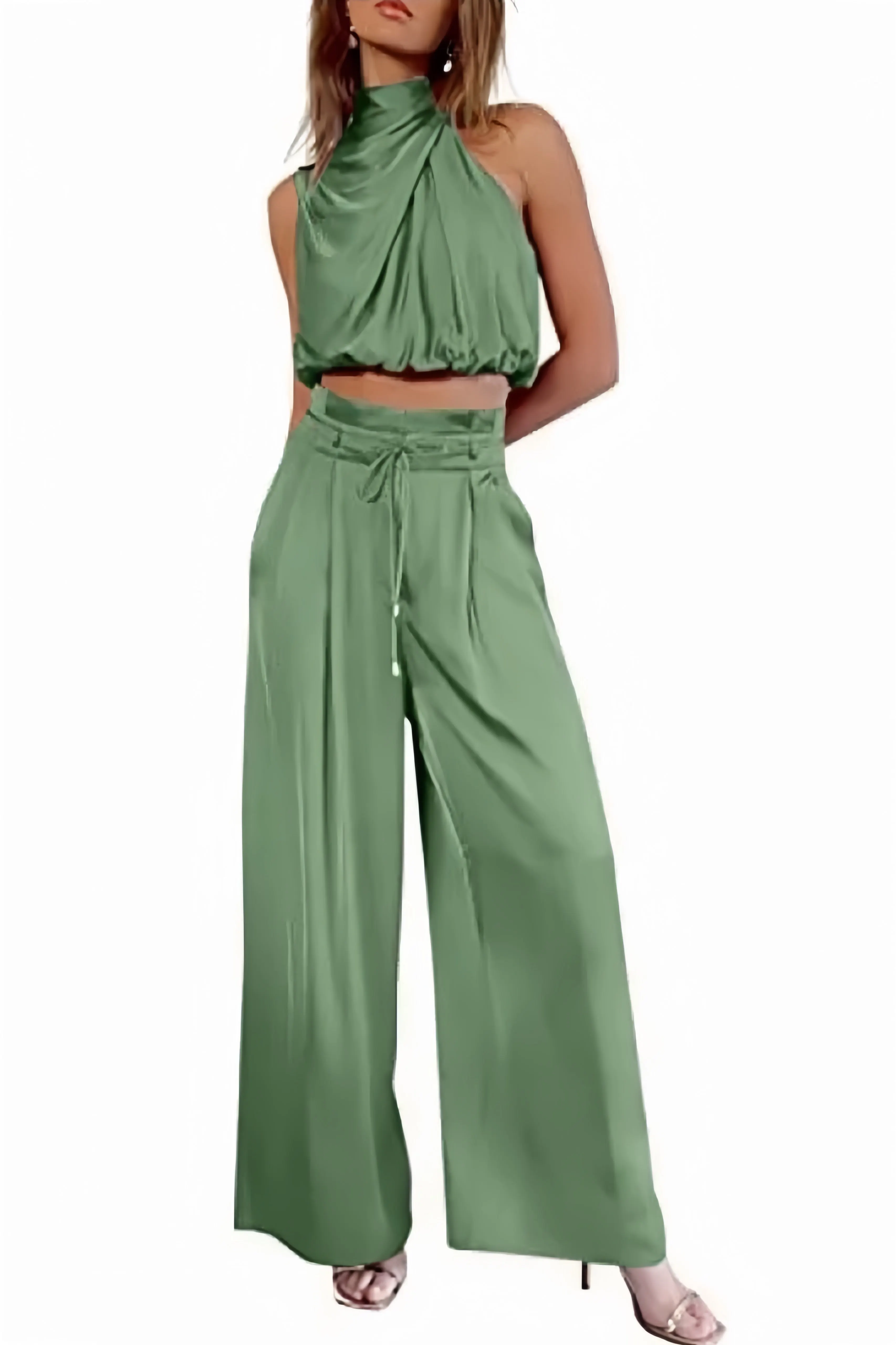 Maxct Satin Mock Neck Crop Top Pants Suits - Image 9