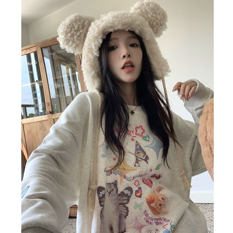 Kawaii Cat Print Hoodie Women Cutecore Long Sleeve Sweatshirt American Retro E-girl Kitten Angel Graphic Alt Clothes Y2k