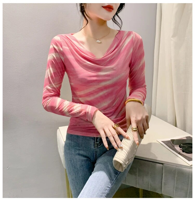Maxct Spring Summer Double-Layer Mesh Top Long Sleeve Printing T-shirt Woman Slim Fitting Tee For Female
