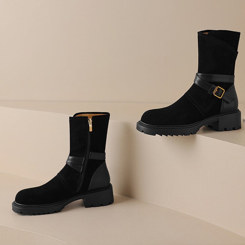 Womens Suede Mid Calf Boots for Winter Buckles Boots Maxct