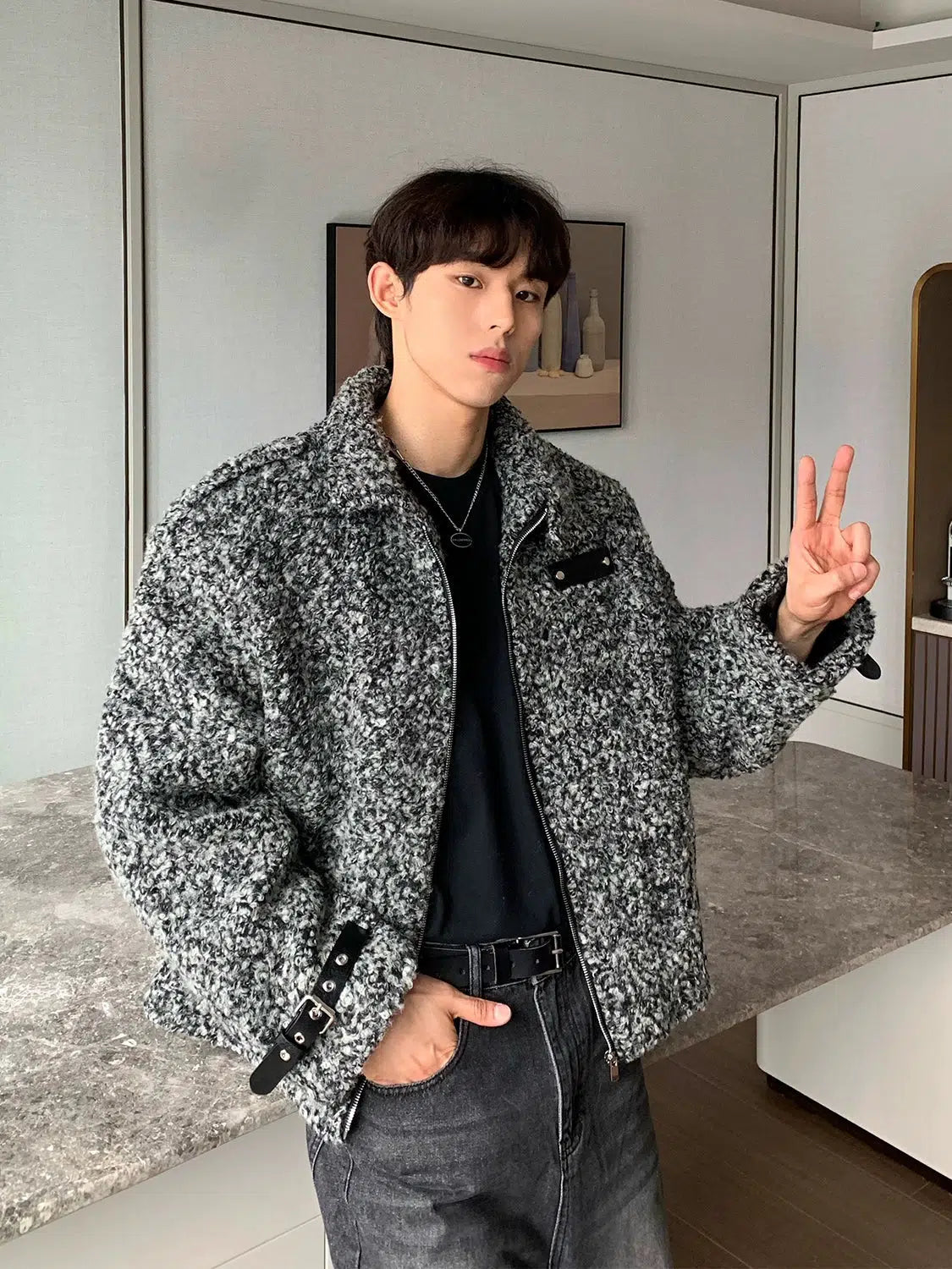 Maxct Belt Buckle Zipper Woolen Jacket