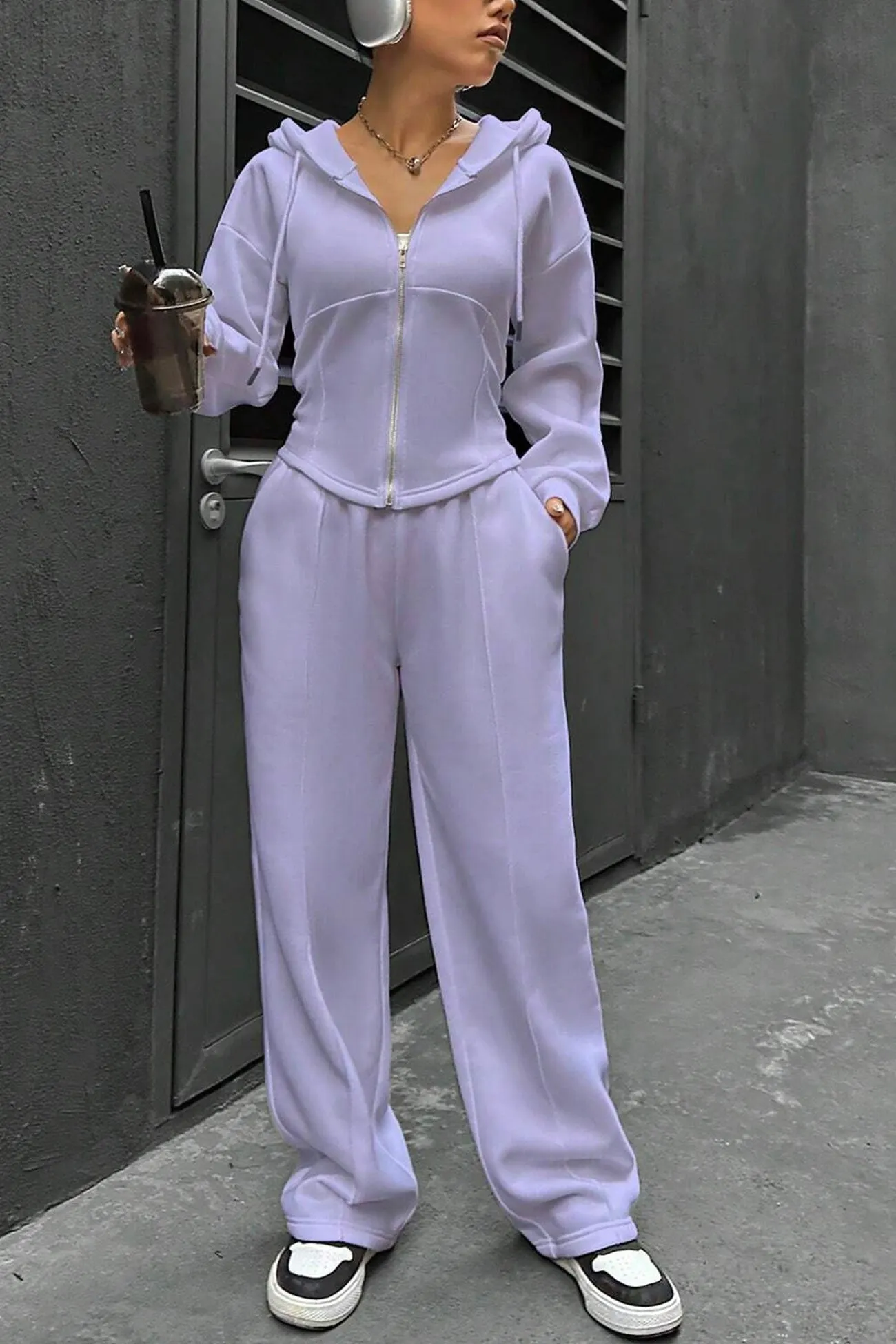 Maxct Solid Slim Fit Hoodie Pants Suits