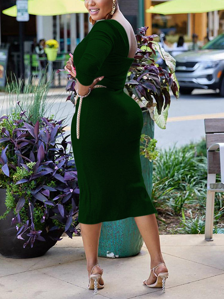 One Shoulder Slit Dress with Chain Belt Maxct