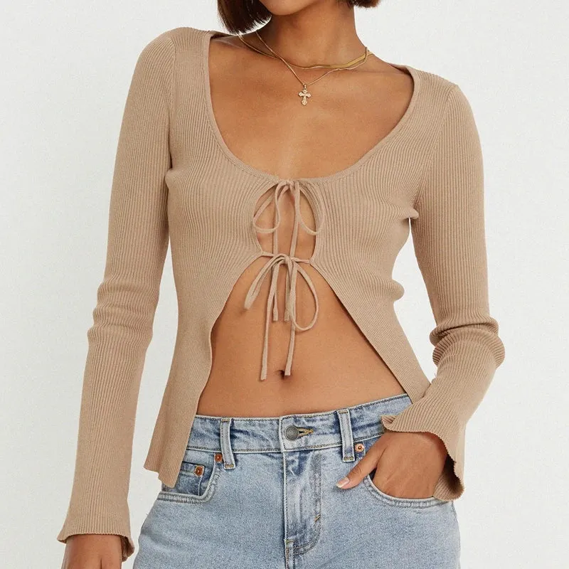 Maxct Fairy Y2K Knitted Cardigans Crop Tops Hotsweet Front Tie Up T-shirt Women Vintage Long Sleeve Slim Fit Tee Korean Streetwear